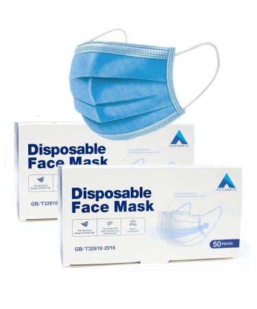 ACCURATE Blue Disposable Face Masks | 3 Ply Earloop Face Covering with Nose Clip | Sutaible For Sensitive Skin 100