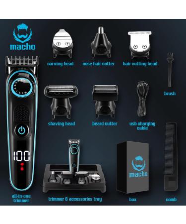 MACHO 5 in 1 Grooming Kit - Cordless Hair & Beard Trimmer Body Clipper Ear & Nose Trimmer Electric Razor with LED Display - Rechargeable Groomer in Black & Blue | International Shipping Available - Buy Online on GoSupps.com