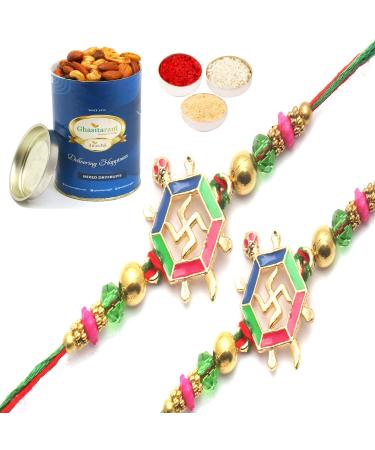 Ghasitaram Gifts Rakhi for Brother Rakhis Online - Set of 2 Blessings of The Divine Power for My Brother Rakhi with 100 GMS of Dryfruits Mix Can 2 Rakhi with 100 gms of Dryfruits Mix Can