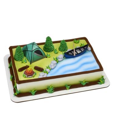 Decopac Fireside Camp DecoSet Cake Decoration Multi, Tent: 3"L x 2.6"W x 1.9"H Canoe with Oar: 3.5"L x 1.65"W x 1.2"H Campfire: 1.4"D x 1.2"H