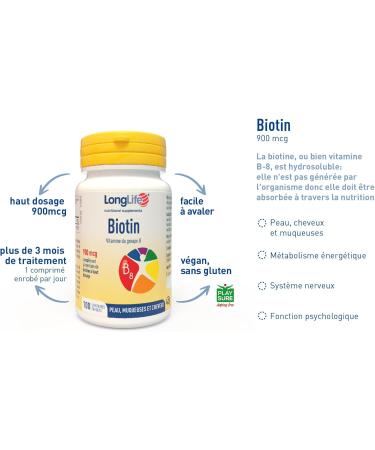 LongLife Biotin 900 | High dosage 900mcg per tablet | Biotin hair growth fast | B8 vitamin hair | Gluten free and vegan - Buy Online on GoSupps.com