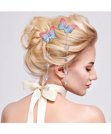 PAGOW 8pcs Glitter Long Butterfly Hair Tassel Clips - Rhinestone Bobby Pins Wedding Accessories for Women Girls Teens (Blue Purple Pink) - Buy Online on GoSupps.com