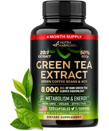 Green Tea Extract - 50% EGCG Extra Strength 20:1 Extract - Natural Green Tea Supplement + Green Coffee Beans & Apple Cider Vinegar - Energy & Metabolism Support - for Men & Women - Vegan 120 Capsules