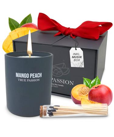 High quality gift box with matches |Handmade candle made of natural soy wax |Up to 60 hours of burning time |Perfect gift set with music box |Fragrance Mango Peach - Buy Online on GoSupps.com