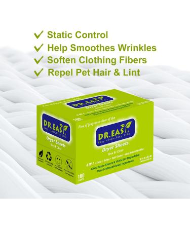 Dr.Easy Free & Clear Dryer Sheets - 160 Ct, Plant Based, Hypoallergenic, Unscented & Dye-Free - Buy Online on GoSupps.com