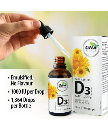 GNA Naturals - Fast Absorb Vitamin D3 1 000 Iu/Drop - Emulsified No Flavour 30ml/ 1364 drops 30 milliliter - Buy Online on GoSupps.com