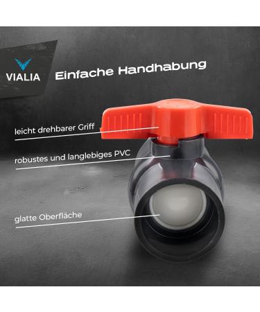 VIALIA PVC Ball Tap 50mm - Double Union Buffer Shut-Off Perfect for Pool & Pond Construction | Durable Adhesive & Screw Connections - Buy Online on GoSupps.com