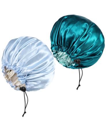 2 Pieces Adjustable Silk Bonnet 36cm Double Sided Satin Sleep Caps Night Sleep Hat for All Hair Lengths (Light Blue+Hole Blue)