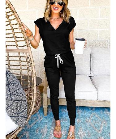 Prettigarden Women's 2 Piece Tracksuit Set - V Neck Short Sleeve Top and Long Pants Outfit Jogger Set in Black, Size Large - Buy Online on GoSupps.com