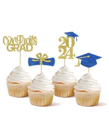 24 PCS 2024 Graduation Cupcake Topper Glitter Diploma Grad Cap Congrats Grad Class of 2024 Cupcake Picks for 2024 Graduation Theme Party Cake Decorations Supplies Blue Gold