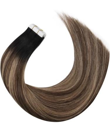 Moresoo 24 Inch Black Balayage Tape in Human Hair Extensions | Natural Ombre to Dark Brown with Dark Blonde | Invisible Tape | 20 Pieces/50g - Buy Online on GoSupps.com
