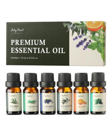 BABYPEACH Essential Oils Set - Top 6 Aromatherapy Oils Perfect for Diffuser Humidifier Candle Making Home Care Gifts - Lavender Eucalyptus Orange Peppermint Lemongrass Tea Tree (Pack of 6 10ml)
