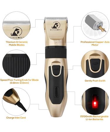 Bonve Pet Dog Clippers - Professional Low Noise Rechargeable Grooming Kit for Dogs, Cats, and Other Pets - Gold - Buy Online on GoSupps.com