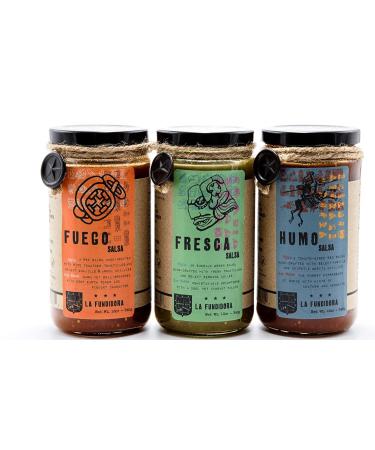 La Fundidora Mexican Medium Hot Salsa Sampler, Traditional Authentic Homemade Style Recipe, Smooth Sauce, Small Batch Handmade Pepper, All Natural, No Preservative Great Gift Set (Fresca, Fuego, Humo)