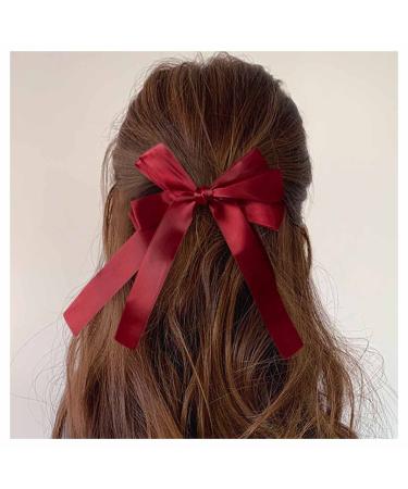 Inilbran Vintage Bow Hair Clips Red Silk Bow Hair Barrettes Long Tails Silk Bow Hair Clip Barrette French Bowknot Hair Accessory Silky Bowknot Clip Headpiece for Women and Girls Headdress (Red)