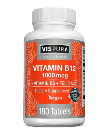 VISPURA Vitamin B12 1000 mcg Methylcobalamin + B6/Folic Acid 180 Vegan Tablets Best Supplement to Increase Energy Enhance Mood Sharpen Focus* Organic Supplement 180 Count (Pack of 1)