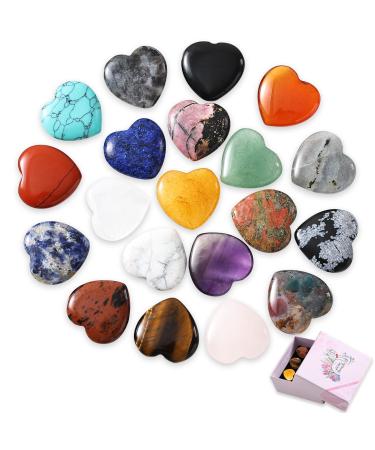 20 pieces of gemstones heart crystals heart from stones with gift box and velvet bag contains amethyst rose quartz mountain crystal moonstone meditation chakra Reikra energy compensation healing stones (20x20x6mm)