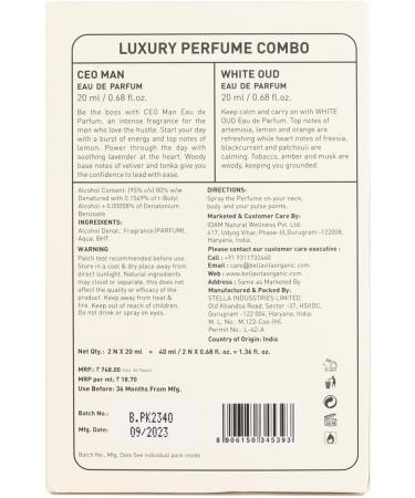 Bloom Beauty Bella Vita Luxury CEO Man & White Oud Unisex Perfume Combo with Tonka Agarwood & Orange | Woody Long Lasting EDP Fragrance Scent Pack of 2 20 ml Each - Buy Online on GoSupps.com
