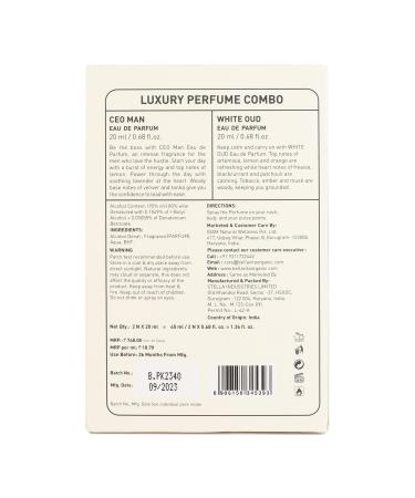 Bell'a.Vita Luxury CEO Man & White Oud Unisex Perfume Combo with Tonka Agarwood & Orange | Woody Long Lasting EDP Fragrance Scent Pack of 2 20 ml Each - Buy Online on GoSupps.com