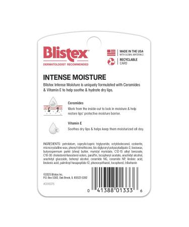 Blistex Intense Moisture - All Day Hydration Lip Balm & Moisturizer for Dry Lips - Ceramides to Lock in Moisture Vitamin E Smooths 1 Count 0.13oz (3.69 g) - Buy Online on GoSupps.com