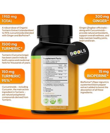 Bools Turmeric Curcumin Supplement with BioPerine & Ginger Turmeric Curcumin with Black Pepper 1950mg for Max Absorption Joint Support- Non-GMO Turmeric Supplement Vegan 240 Capsules - Buy Online on GoSupps.com