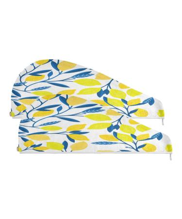 Lemon Leaf Dry Hair Cap 2 Piece Quick Drying Towel Set with Button Headband Super Absorbent Soft & Comfortable