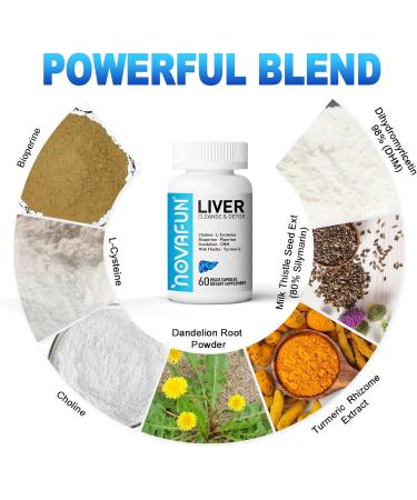 Novafun Liver Cleanse & Detox Capsules Supplement with Milk Thistle Dandelion Turmeric Choline L-Cysteine Bioperine Dihydromyricetin 60 Capsules - Buy Online on GoSupps.com