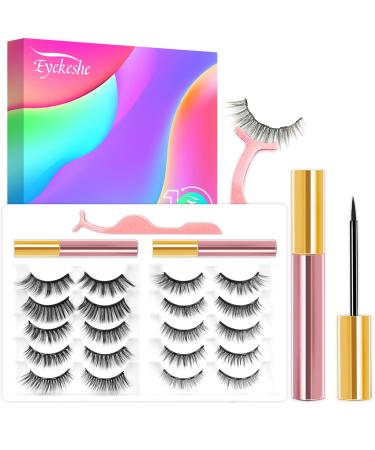 EYEKESHE 3D 6D Magnetic Eyelashes with Eyeliner, 10 Pairs Reusable Short and Long Magnetic Eyelashes Kit Natural Look & 2 Waterproof False Fake Eyelashes Magnetic Liners-Easy to Remove