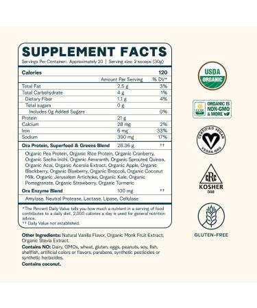 Ora Organic Greens Powder & Protein Power Bundle: 20+ Superfood Greens Blend - Citrus Flavor 30 Servings + 21g Plant Based Protein Powder Vanilla Flavor 20 Servings - Buy Online on GoSupps.com