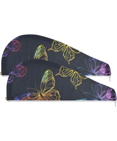 Bright Rainbow Butterflies Hair Towels 2 Pack - Super Absorbent Quick Dry Hair Turbans for Women & Girls - Buy Online on GoSupps.com