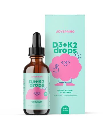 JoySpring Vitamin D3 Kids Drops with K2 Liquid Supplement for Calcium Absorption & Joint Health 360 Servings (2 fl oz) Vitamin D Kids Ages 3-18 Unflavored 2 Fl Oz (Pack of 1)