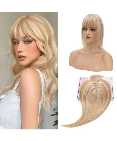 S-noilite Hair Toppers with Fringe Human Hair for Thinning Hair Women Real Hair Topper Hair Piece Clip In Hair Extensions 100% Remy Real Human Hair 27g(#12/613 Golden Brown and Bleach Blonde 6 Inch) 6 Inch Golden Brown and Bleach Blonde