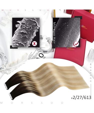 Moresoo Blonde Tape In Extensions 60 cm | Ombre Blond #2/27/613 | Dark Brown to Caramel Blonde Real Hair | 20 Pieces 50g Invisible Tape Extensions - Buy Online on GoSupps.com