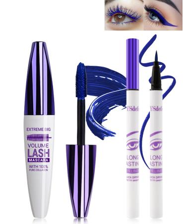 LYSdefeu 5D Blue Silk Fiber Mascara and Blue Liquid Eyeliner Set Waterproof and Smudgeproof Liquid Eyeliner Long Lasting Volume Curly Lengthening Mascara for Parties Colorful Eye Makeup4 Blue