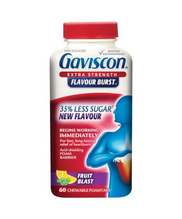 Gaviscon Extra Strength Flavour Burst Tablets - 60 Count - Chewable Foaming Antacid Tablets for Day and Night Heartburn Relief Acid Reflux and GERD Relief Fruit Blast - Free of Aluminum Lactose and Gluten Fruit Blast 60 Count