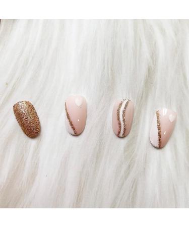 Pink Short Almond Press on Nails with White Heart Design - 24Pcs | Glossy Acrylic Fake Nails for Women and Girls - Buy Online on GoSupps.com