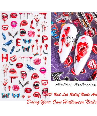 Halloween Nail Art Stickers Xcreando 5D Embossed Nail Decals Design with Skull Bones Ghost Witch Pumpkin Bat Lips Self-Adhesive Thick DIY 3D Nail Art Supplies for Halloween Days Party Cosplay Decorations 5 Sheets - Buy Online on GoSupps.com