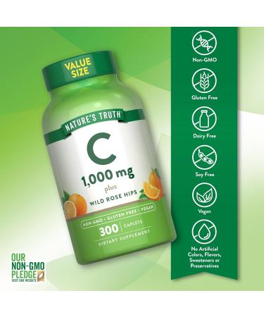 Nature's Truth Vitamin C 1000mg with Rose HIPS Caplets | 300 Count | Vegan Non-GMO & Gluten Free Supplement - Buy Online on GoSupps.com