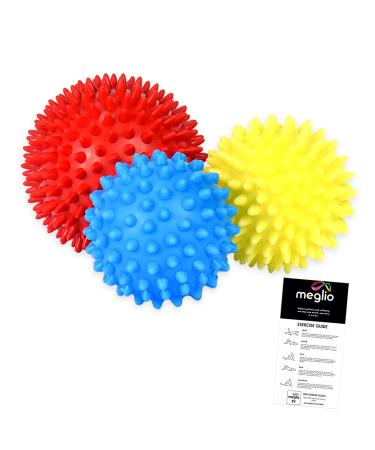 Meglio fascia ball massage balls 3 Set nopping ball set Perfect for trigger point therapy stress reflexology back legs & feet and against plantar fasciitis with free exercise instructions (hard) red (8 cm) yellow (7.5 cm) blue (6cm)))