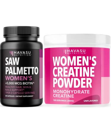 HAVASU NUTRITION Micronized Creatine Monohydrate for Women (100 Servings) & Saw Palmetto for Women Hair Complex (30 Servings)
