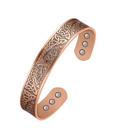 Jecanori Copper Magnetic Bracelets for Men Women Tree of Life Pattern Solid Copper Brazaletes with 6pcs Ultra Strong Magnets Adjustable Size Cuff Bangle with Jewelry Gift Box A-Copper-17.5