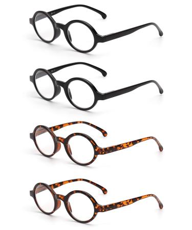 JM Set of 4 Round Reading Glasses Spring Hinge Readers Women Men Eyeglasses for Reading 2 Pack Black & 2 Pack Tortoise 2.5 x