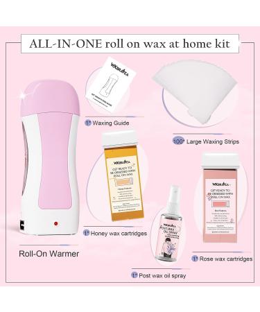 WX BRAVEA Roll on Wax Kit for Hair Removal - Rose & Honey Wax, 100 Wax Strips, Post Wax Oil - Sensitive Skin Soft Wax Depilatory - Brazilian Wax for Women and Men - Buy Online on GoSupps.com