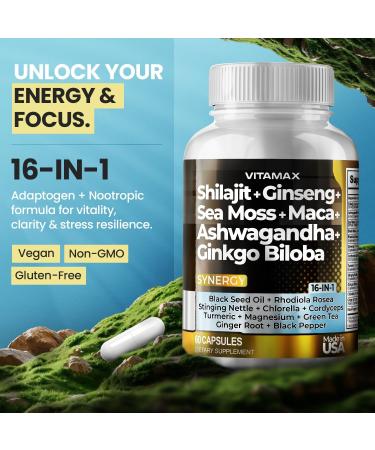 Vitamax Pure Himalayan Shilajit Supplement Ashwagandha Sea Moss Rhodiola Rosea Gingko Biloba - Fulvic Acid & Trace Mineral Capsules for Men and Women Made in USA - Buy Online on GoSupps.com