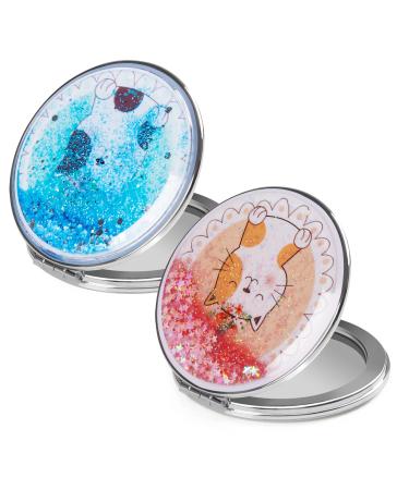 HBTD-SZ Compact Mirror 2 Pack Portable Mirror 1X/2X Magnifying Round Metal Pocket Makeup Mirror (Cartoon cat) Pink+lightgreen