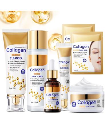 Collagen Skin Care Set, Anti Aging Skincare Set for Wrinkles & Fine Lines, Shrink Pores, Hydrate & Firm Skin, 7 Pcs Skincare Kits for Women with Cleanser, Toner, Serum, Cream, Eye Cream, 2 Pcs Masks. 7 Pieces (Standard Pack