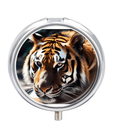 Pill Box Pill Case 3 Compartment Travel Pill Box Wild Animal Tiger Printing Small Pill Box Portable Medicine Pill Case Pill Organizer for Purse & Pocket for Travel Handbag (Round)