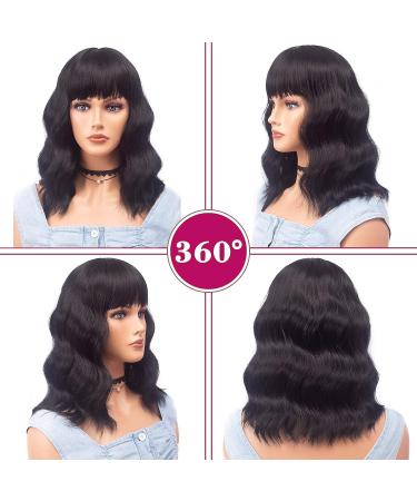 Aiemnnie Short Bob Wig with Bangs | Wavy Synthetic Wig for Women | Curly Wavy Style for Daily Use | Natural Black - Buy Online on GoSupps.com