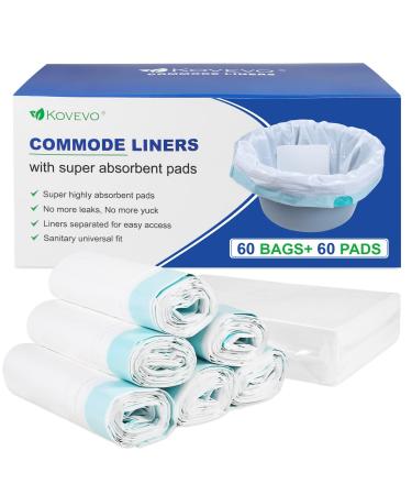Kovevo 60 Pack Commode Liners with Absorbent Pads, 60 Bedside Commode Liners and 60 Commode Pads, Portable Toilet Liners for Commode Bucket | Universal Fit | Make Cleanup Simple