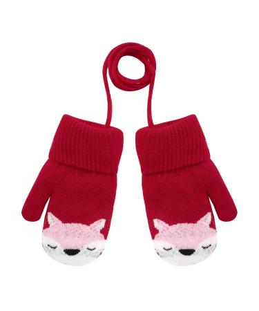 Girls Boys Cute Fox Knitting Short Full Finger Gloves Toddler Kids Winter Thermal Plush Lining Cycling Camping Gloves Mitten for 1-3 Yrs Red